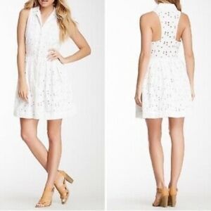RAGA Eyelet Lace Button Front Retro Collared Sleeveless White Dress, Small
